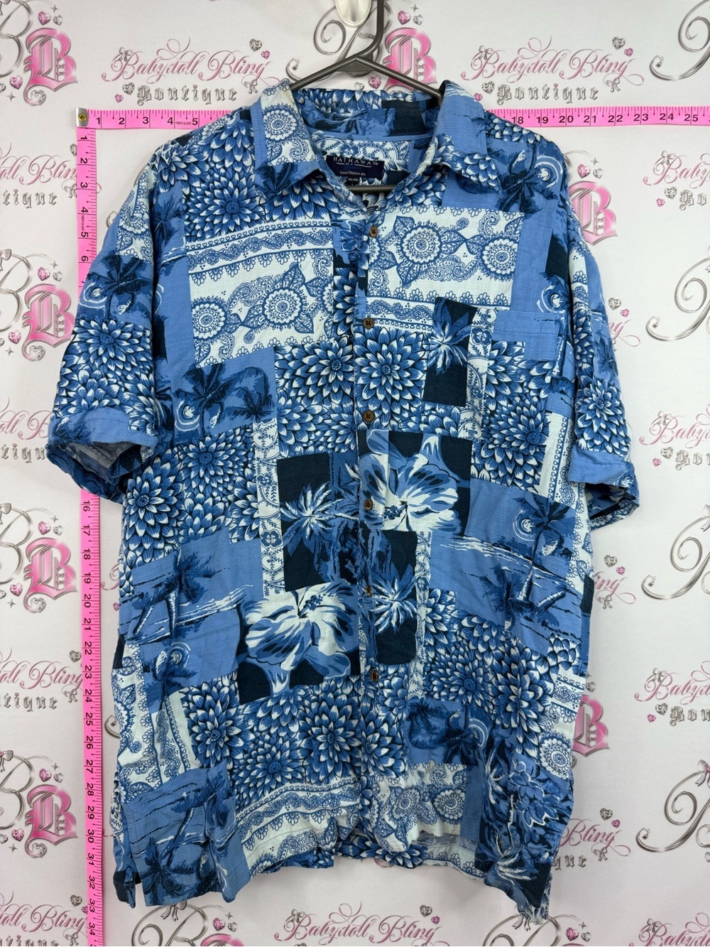 Hathaway shirt tropical palm Blue Patchwork Floral Short-Sleeve Button Down